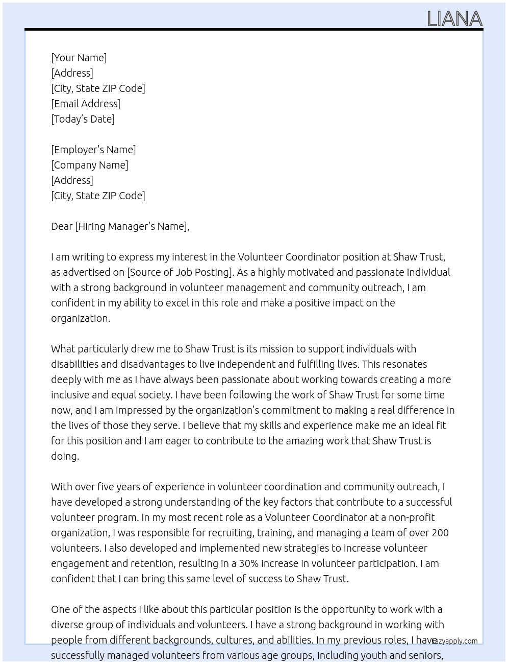 Volunteer coordinator At shaw trust  Cover Letter