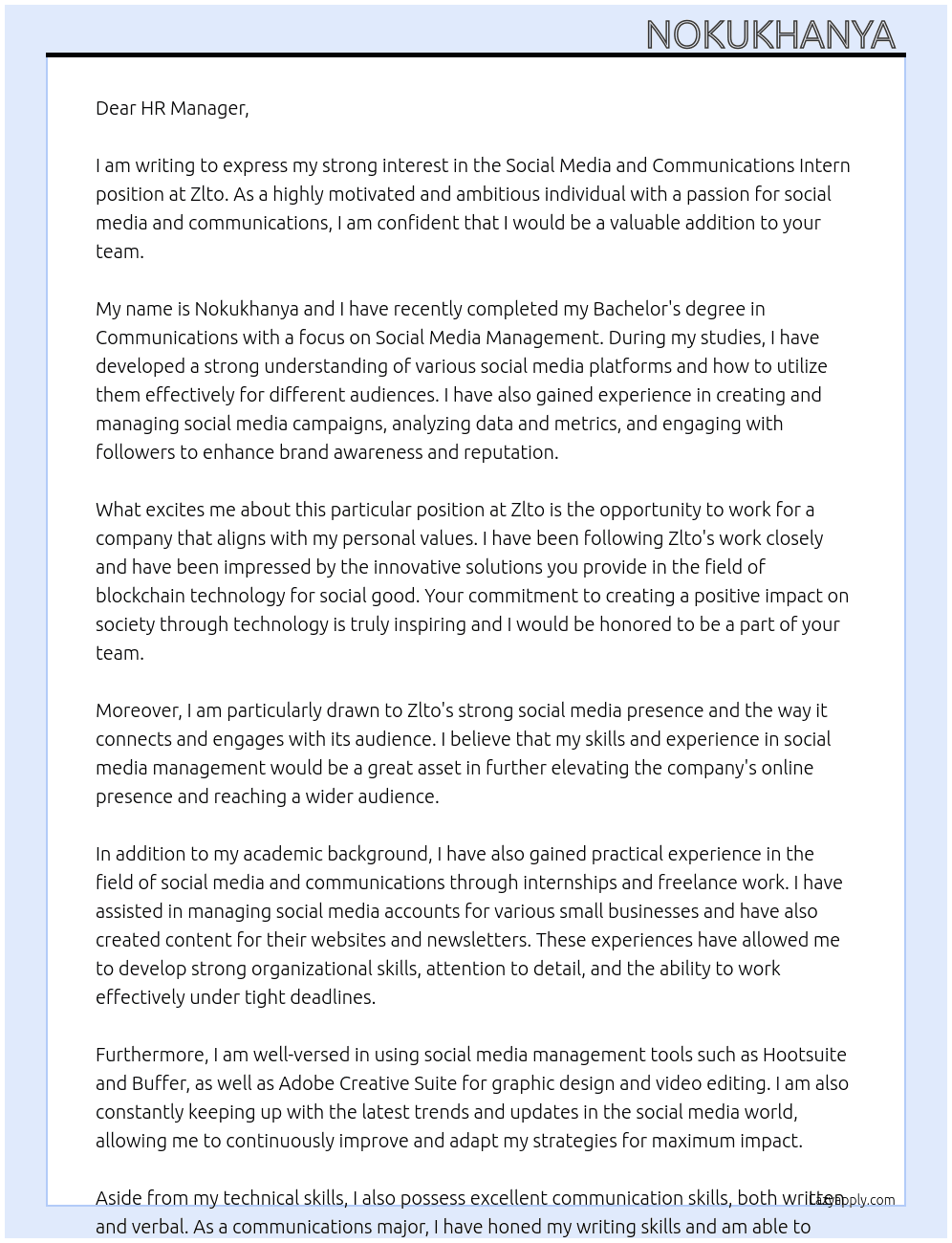 Social Media and Communications Intern At Zlto Cover Letter