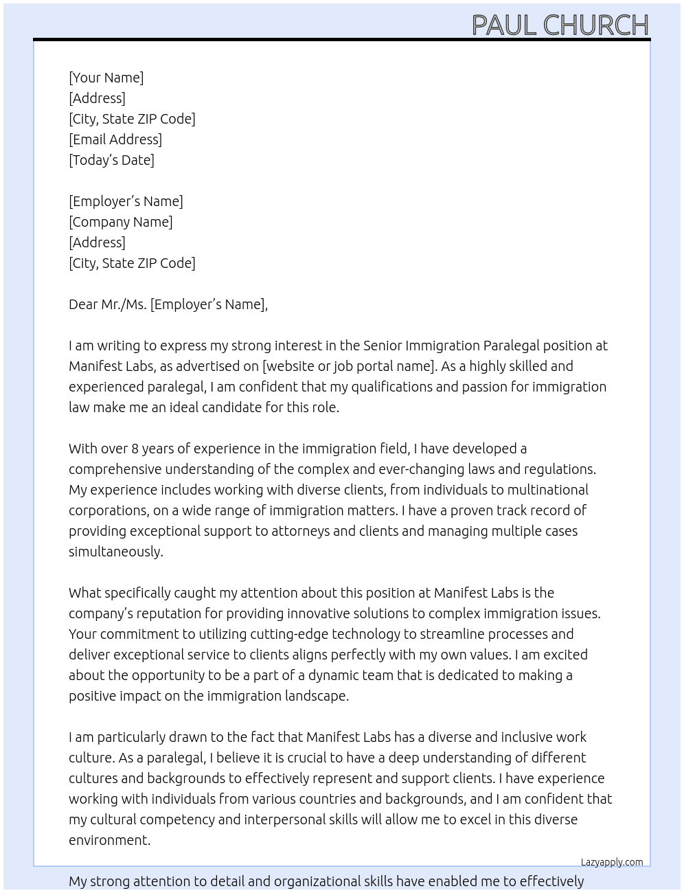 Senior Immigration Paralegal At Manifest Labs Cover Letter