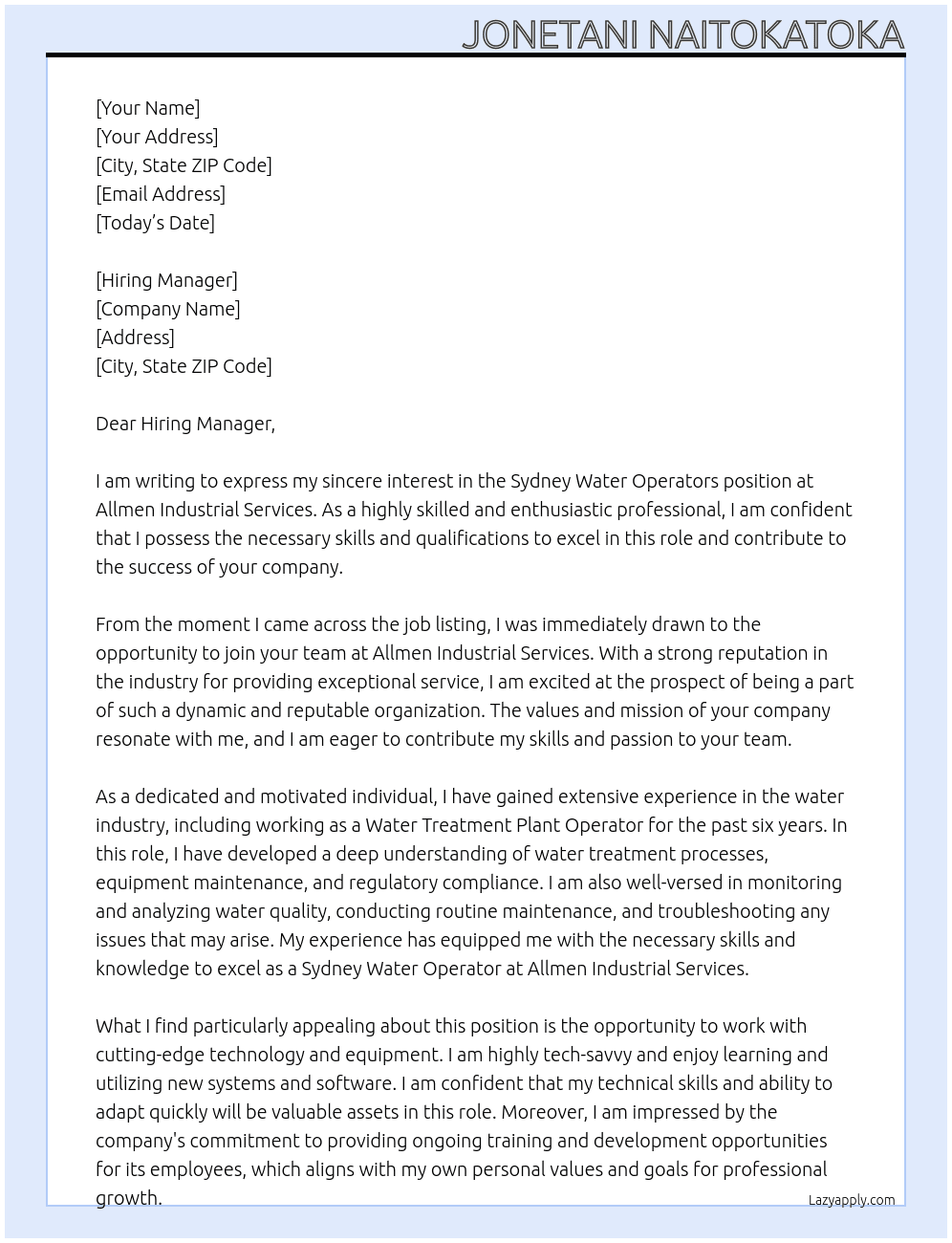 Sydney Water Operators At Allmen Industrial Services Cover Letter