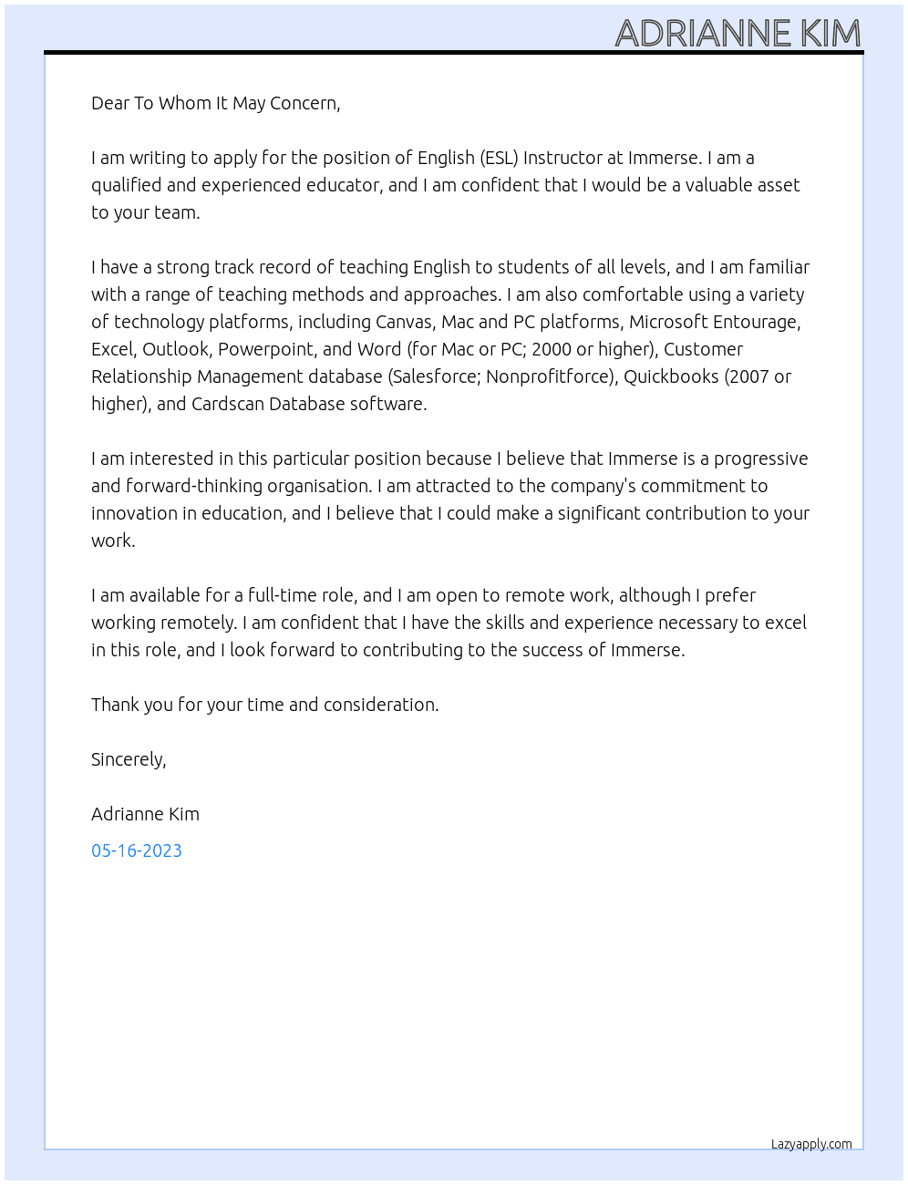 English (ESL) Instructor At Immerse Cover Letter