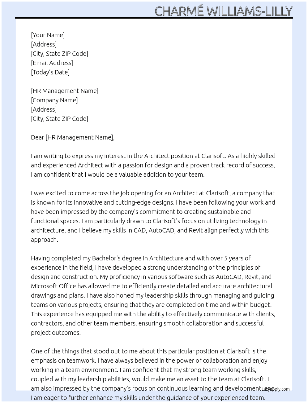 Architect At Clarisoft Cover Letter