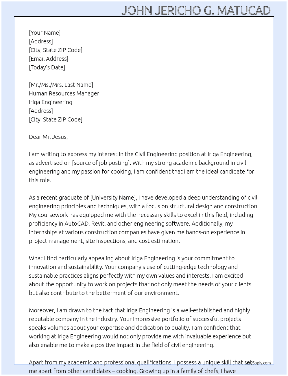 Civil engineering  At Iriga engineering  Cover Letter