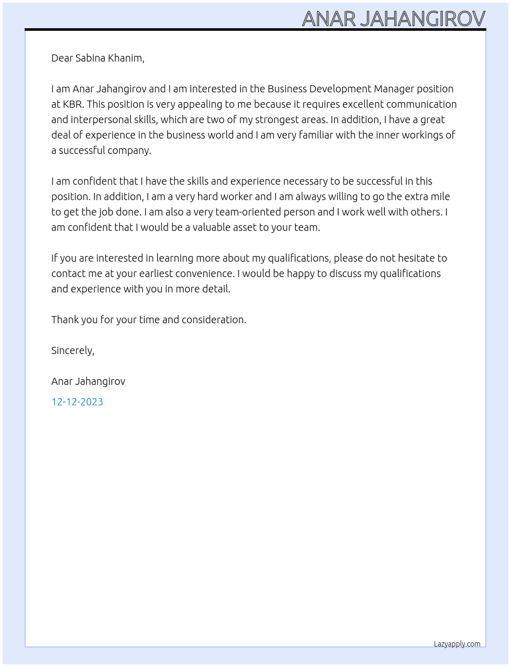Business Development Manager At KBR  Cover Letter