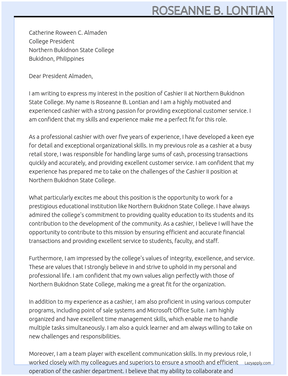 CASHIER II At NORTHERN BUKIDNON STATE COLLEGE Cover Letter