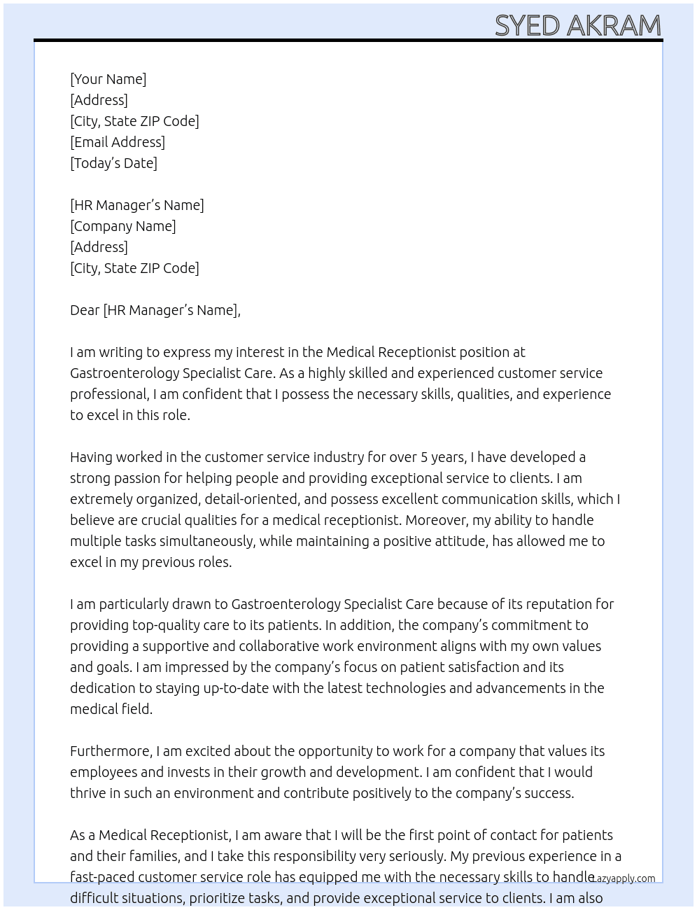 Medical receptionist At Gastroenterology specialist care Cover Letter