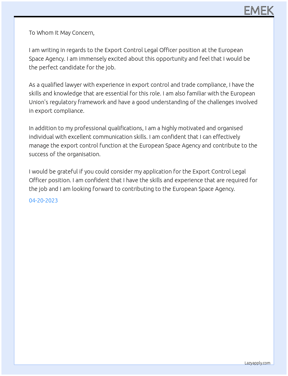 Export Control Legal Officer At European Space Agency Cover Letter