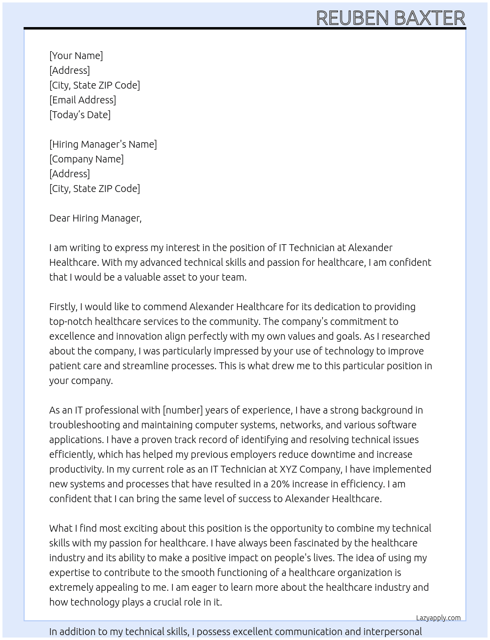 it technician At Alexander healthcare Cover Letter