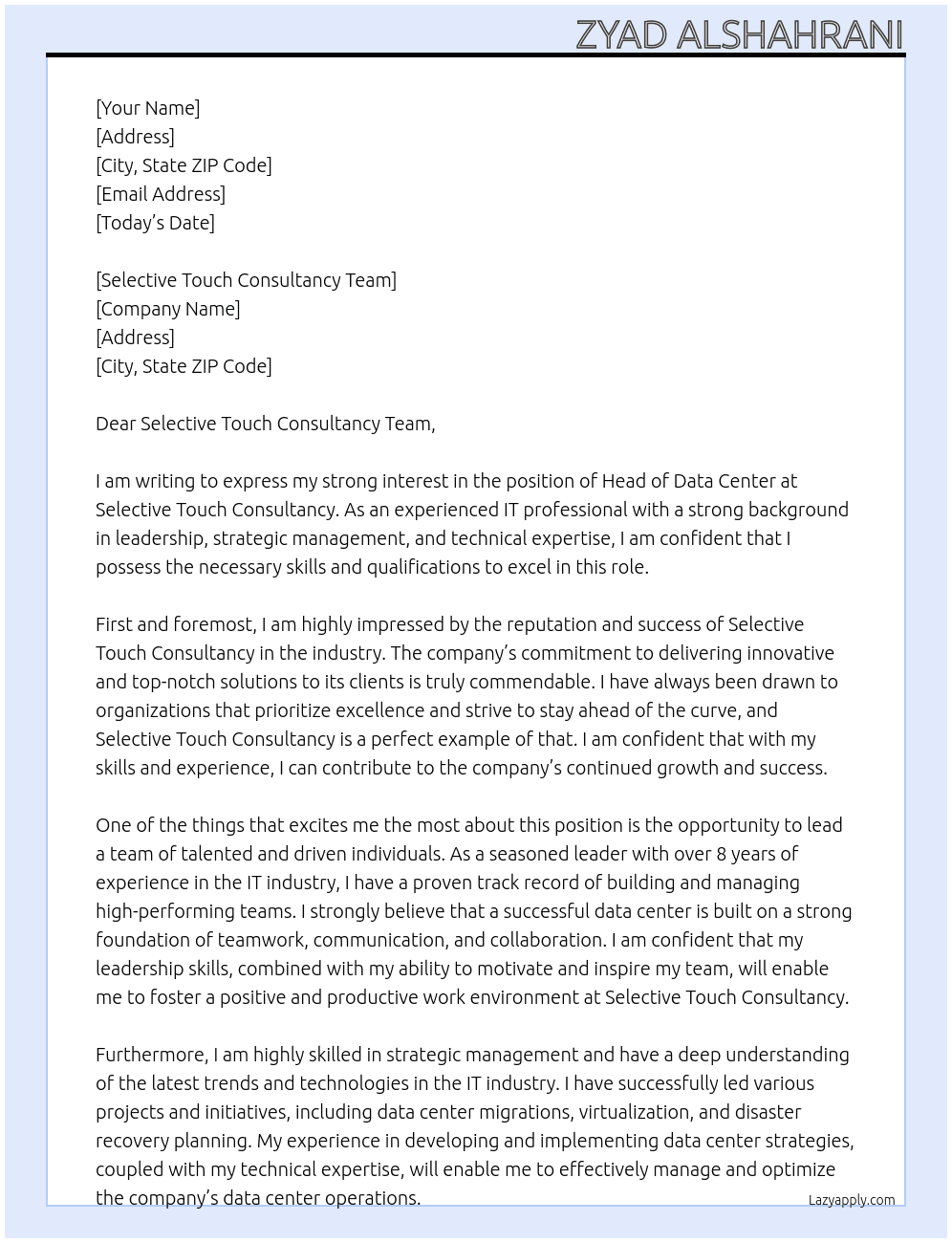 Cover letter for head of data center - LazyApply