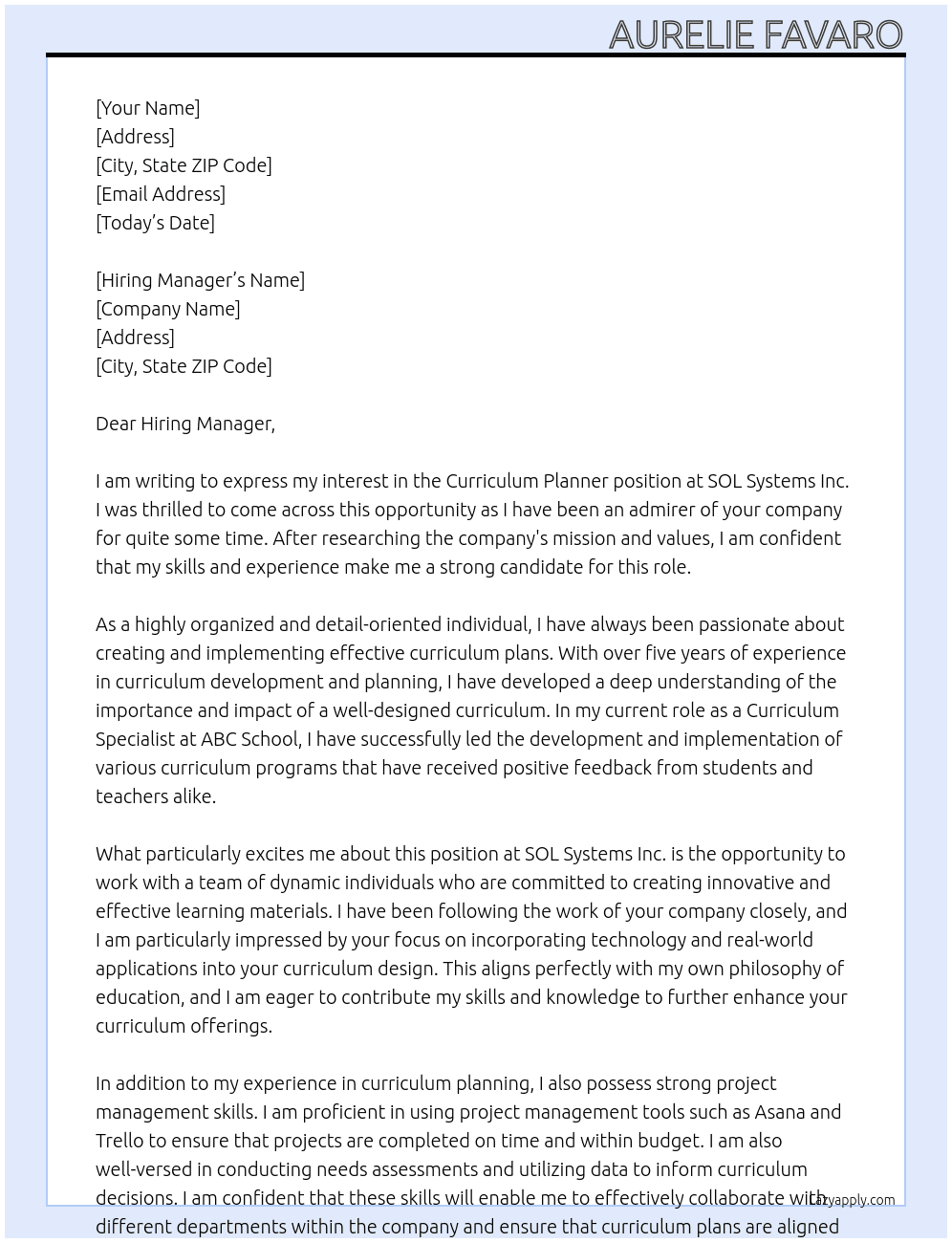 Curriculum planner At SOL Systems Inc. Cover Letter