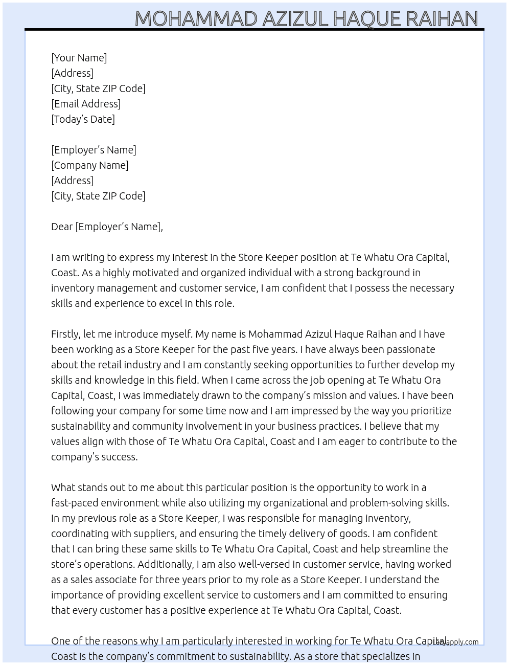 Store Keeper At Te Whatu Ora Capital, Coast Cover Letter
