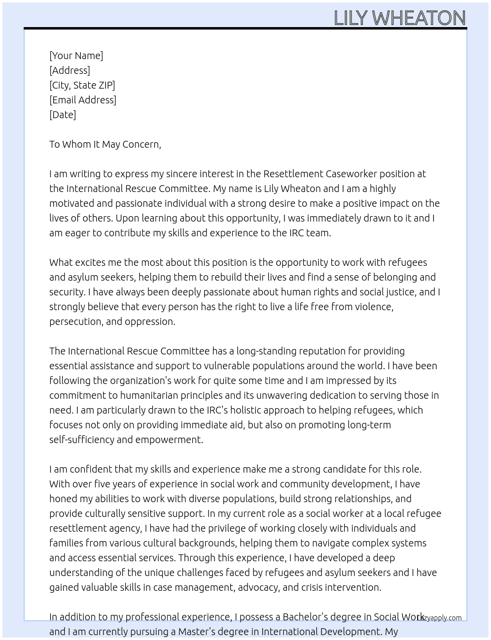 Resettlement Caseworker At International Rescue Comittee Cover Letter