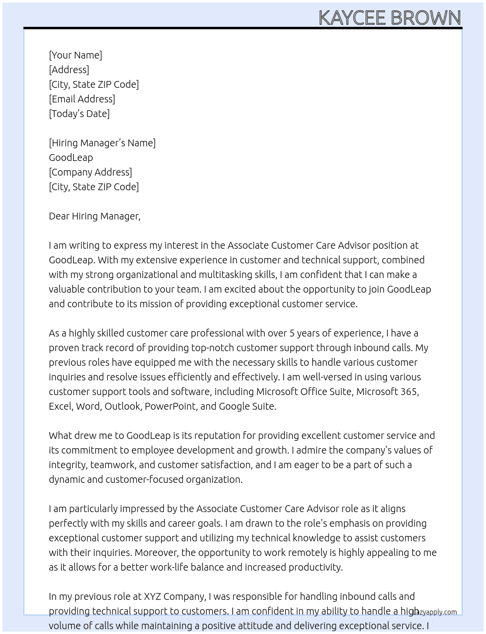 Associate Customer Care Advisor At GoodLeap Cover Letter