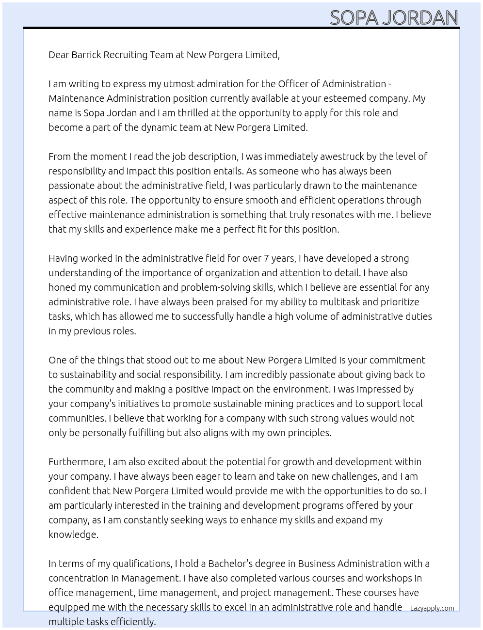 Officer - Administration - Maintenance Administration At new porgera limited  Cover Letter