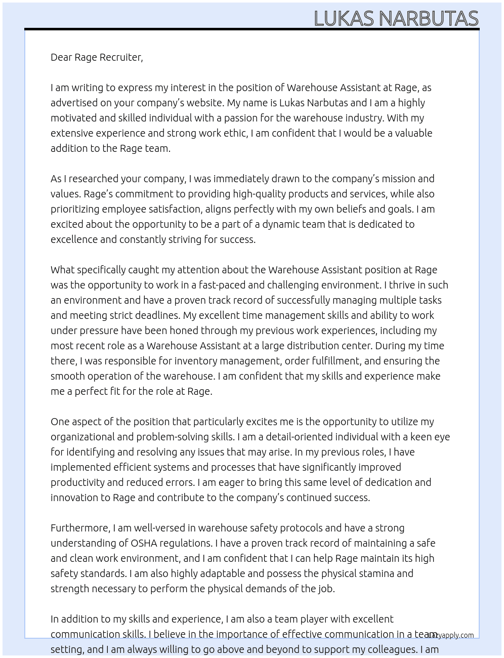 Warehouse Assitant At Rage Cover Letter