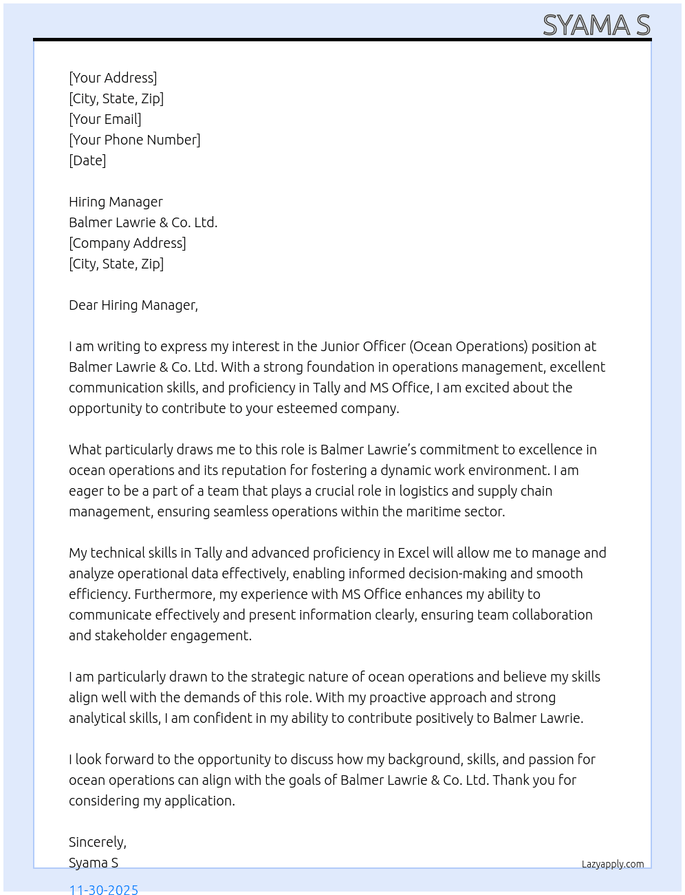Junior officer ( ocean operations ) At Balmer lawrie & co Ltd Cover Letter