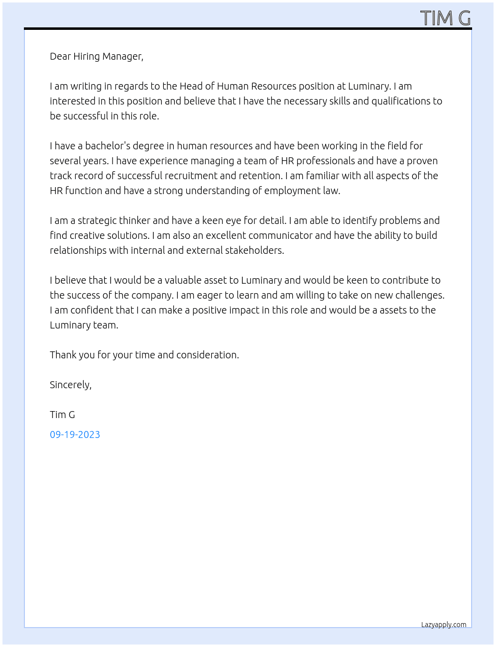 Head of Human Resources At Luminary Cover Letter