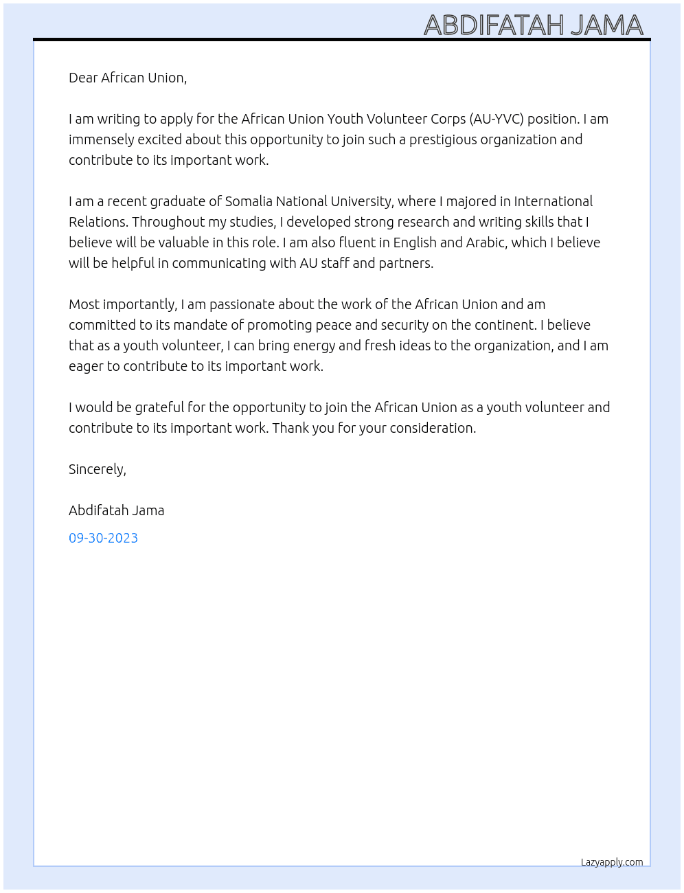 African Union Youth Volunteer Corps (AU-YVC) At Afican Union Cover Letter
