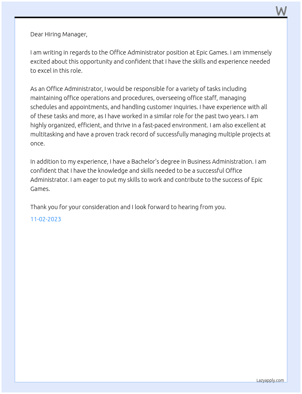 Office Administrator  At Epic Games Cover Letter