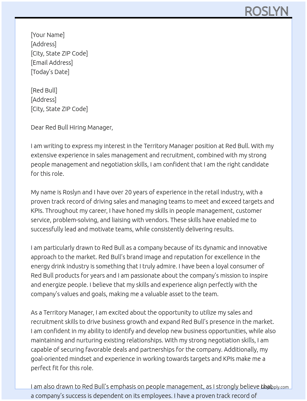 Territory manager  At Red Bull Cover Letter