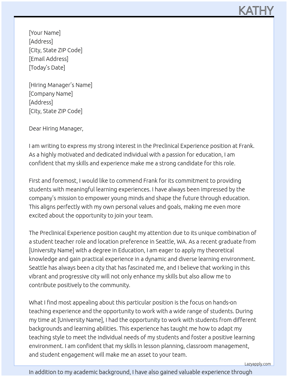preclinical experience  At Frank Cover Letter