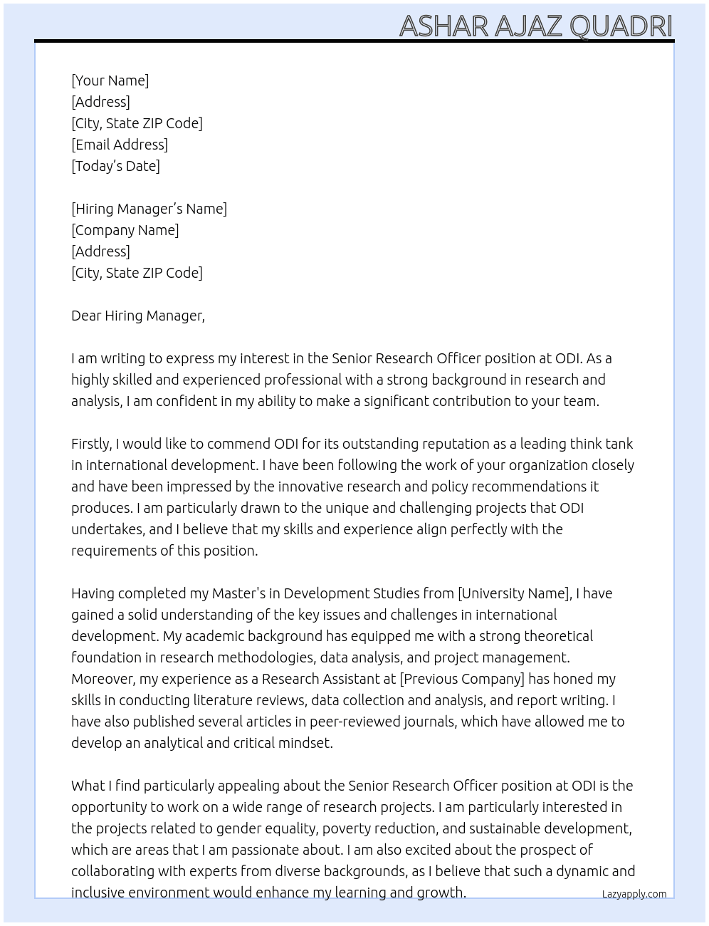 Senior Research Officer  At ODI Cover Letter