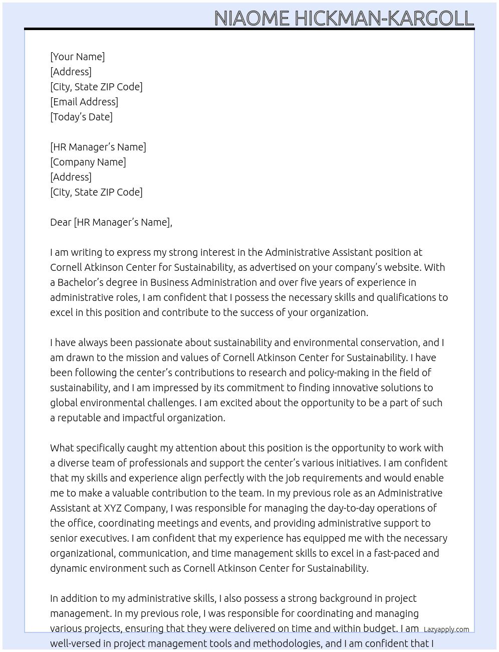 Administrative Assistant Cornell Atkinson Center for Sustainability At Cornell University  Cover Letter