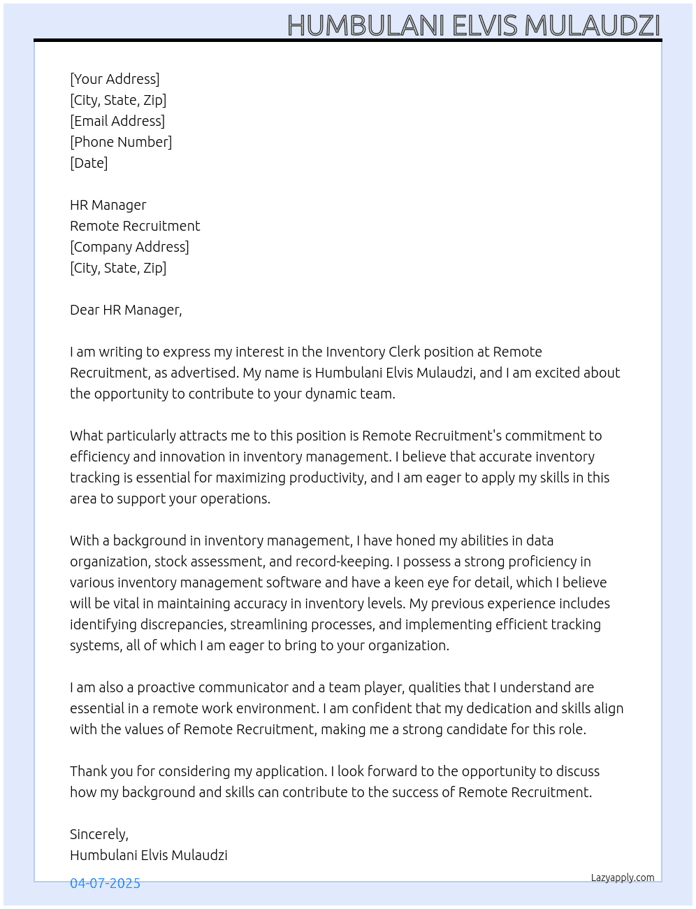 Invatory clerk At Remote recruitment Cover Letter