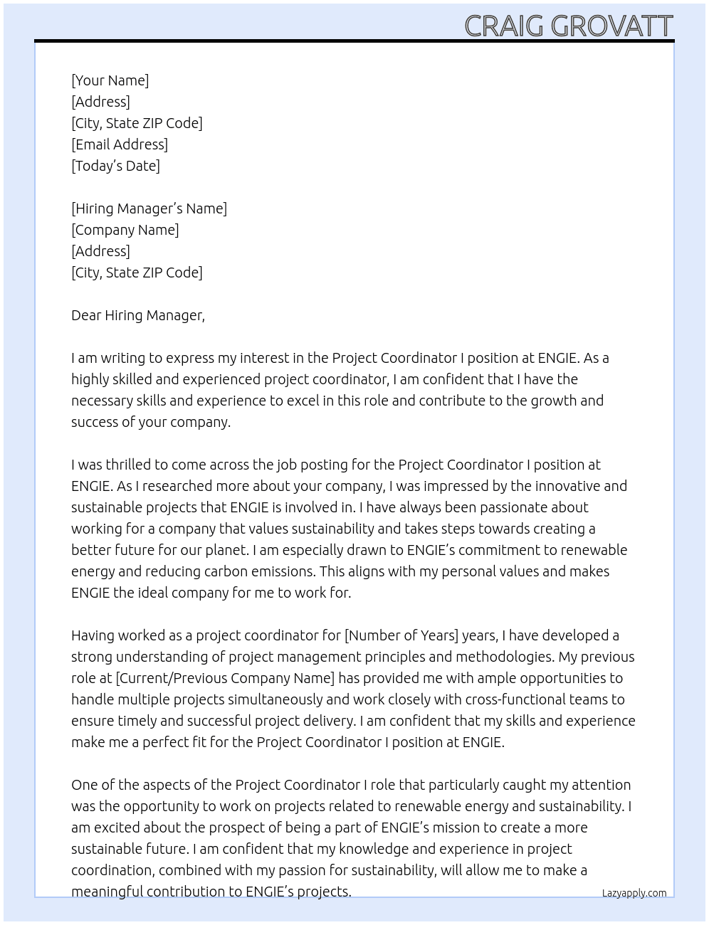 Project Coordinator I At ENGIE Cover Letter