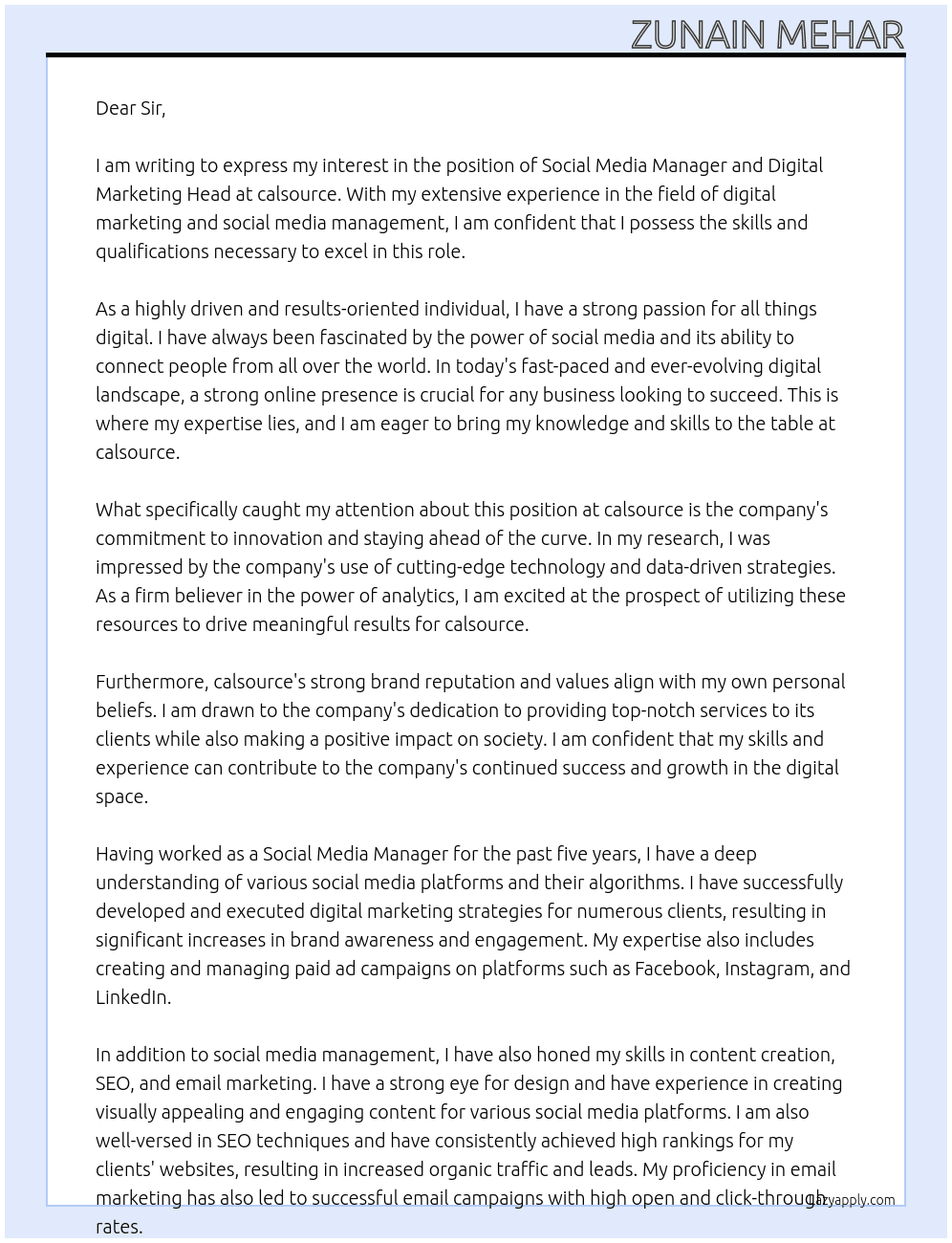 Social Media Manager | Digital Marketing Head At calsource Cover Letter