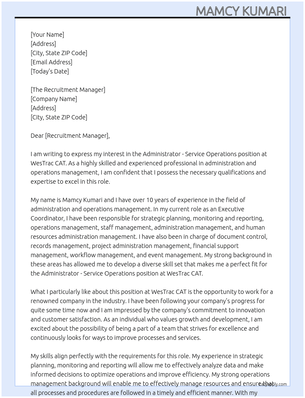 Administrator - Service Operations At WesTrac CAT Cover Letter