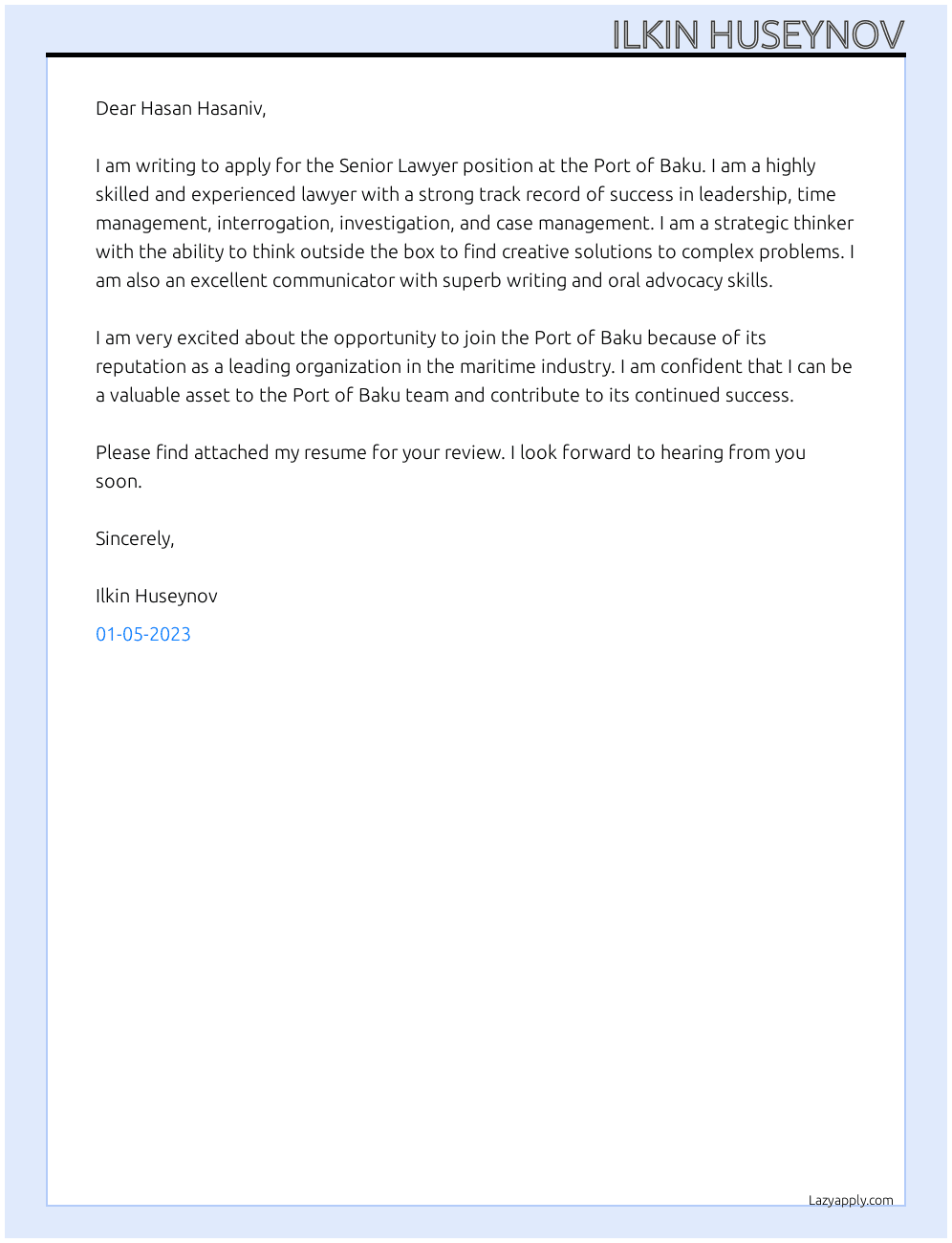 Senior lawyer At Port of Baku Cover Letter