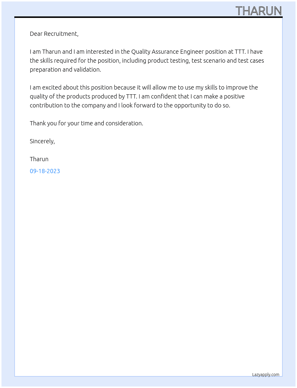 Quality Assurance Engineer  At TTT Cover Letter
