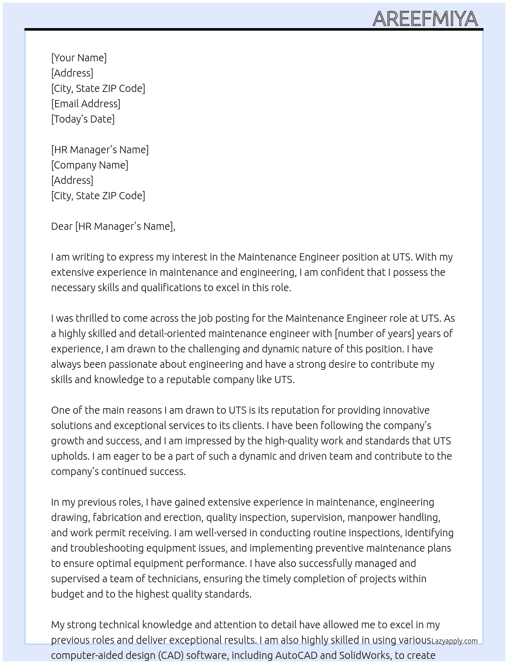 Maintenance engineer  At UTS Cover Letter