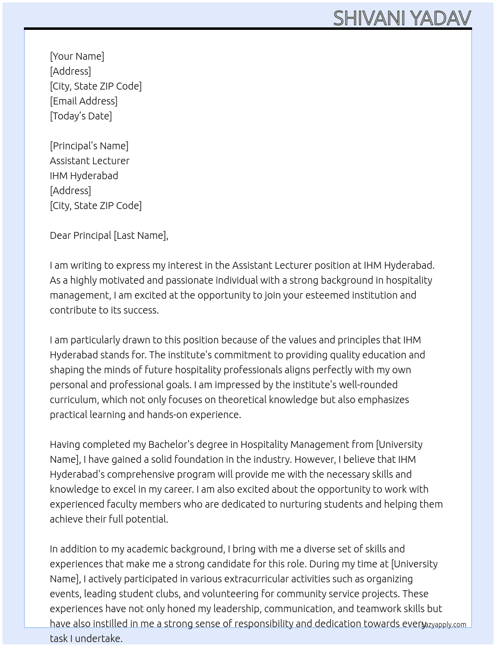 Assistant lecturer  At IHM Hyderabad  Cover Letter