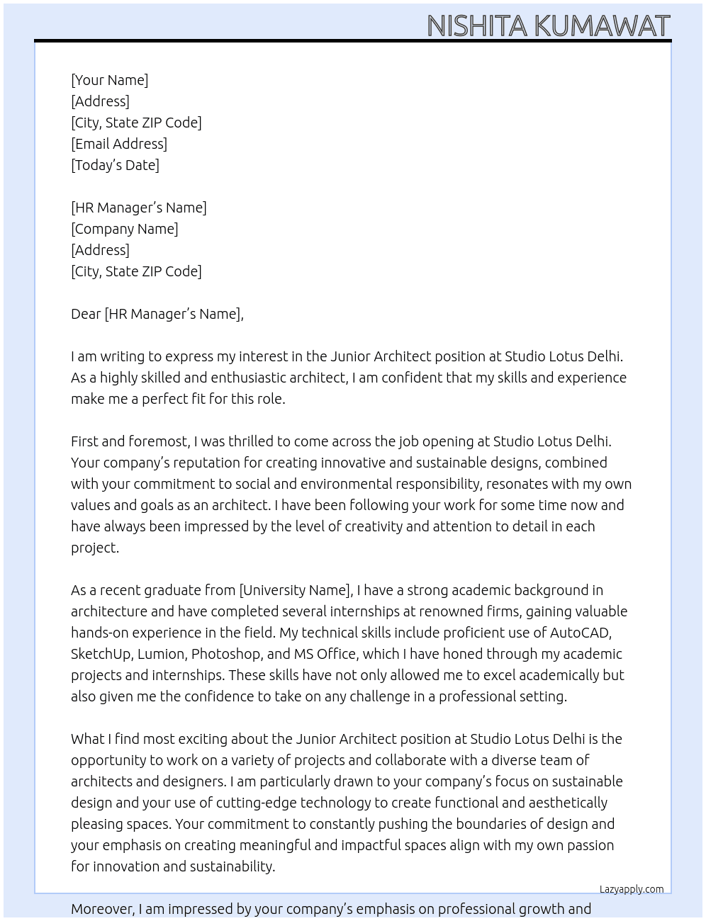 junior architect At studio lotus delhi Cover Letter
