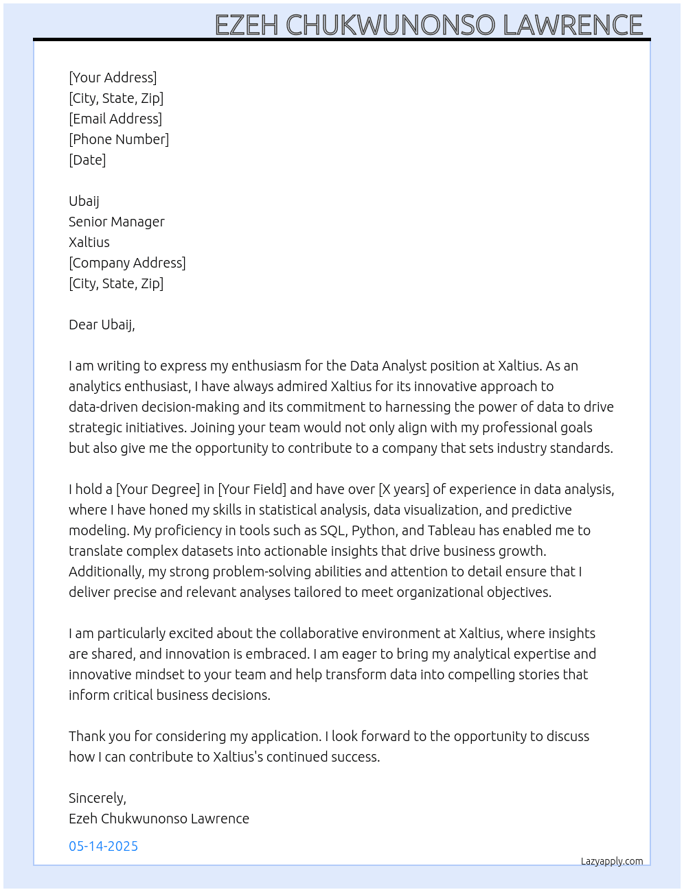 Data Analyst At Xaltius Cover Letter