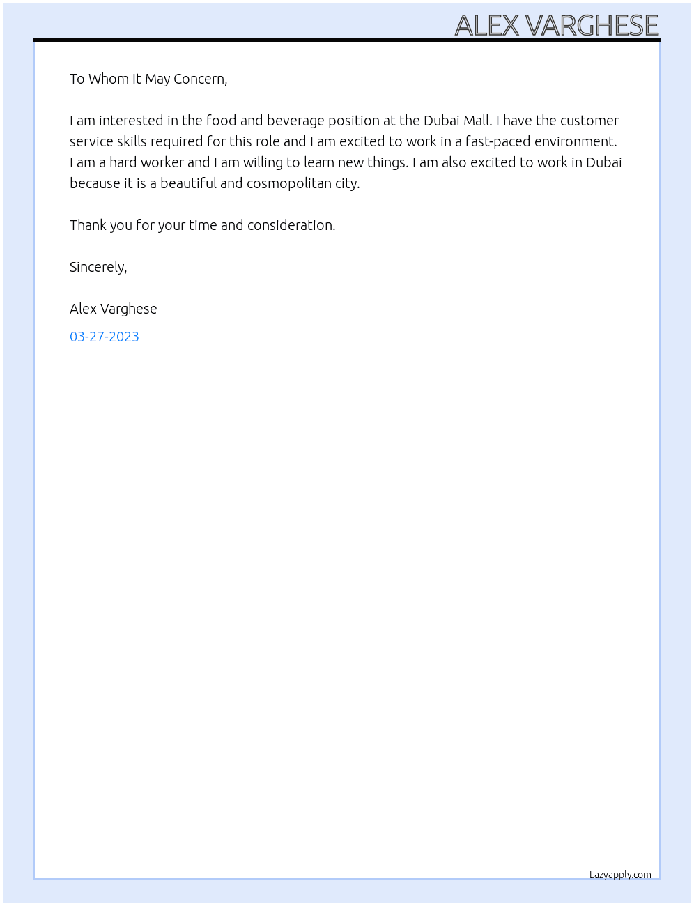 Food and beverages  At Dubai mall Cover Letter