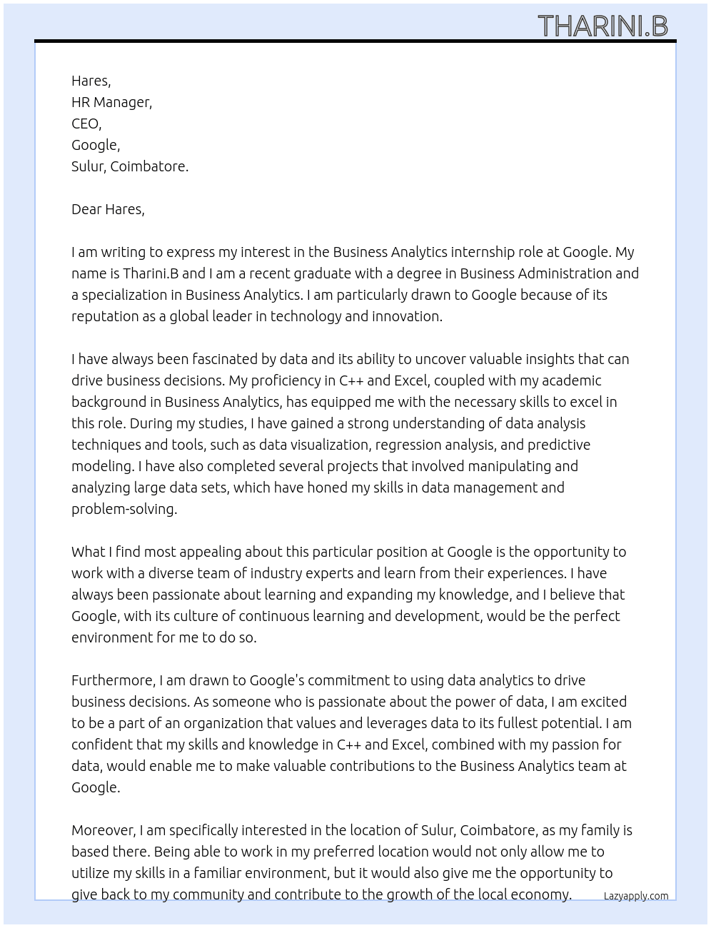 Business Analytics  At Google Cover Letter