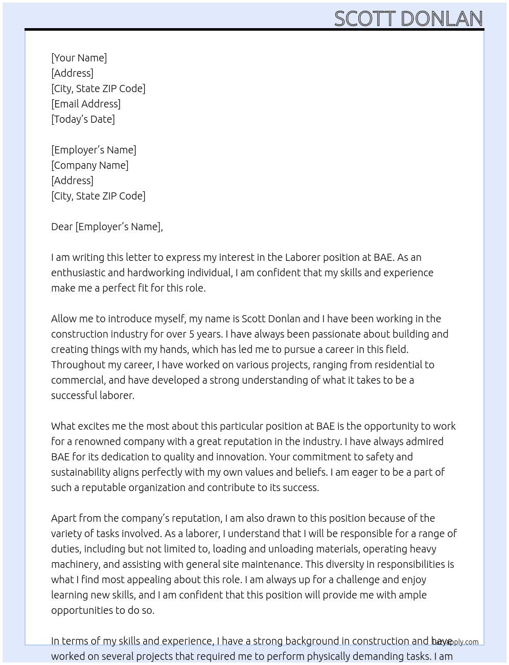 labouer At BAE  Cover Letter