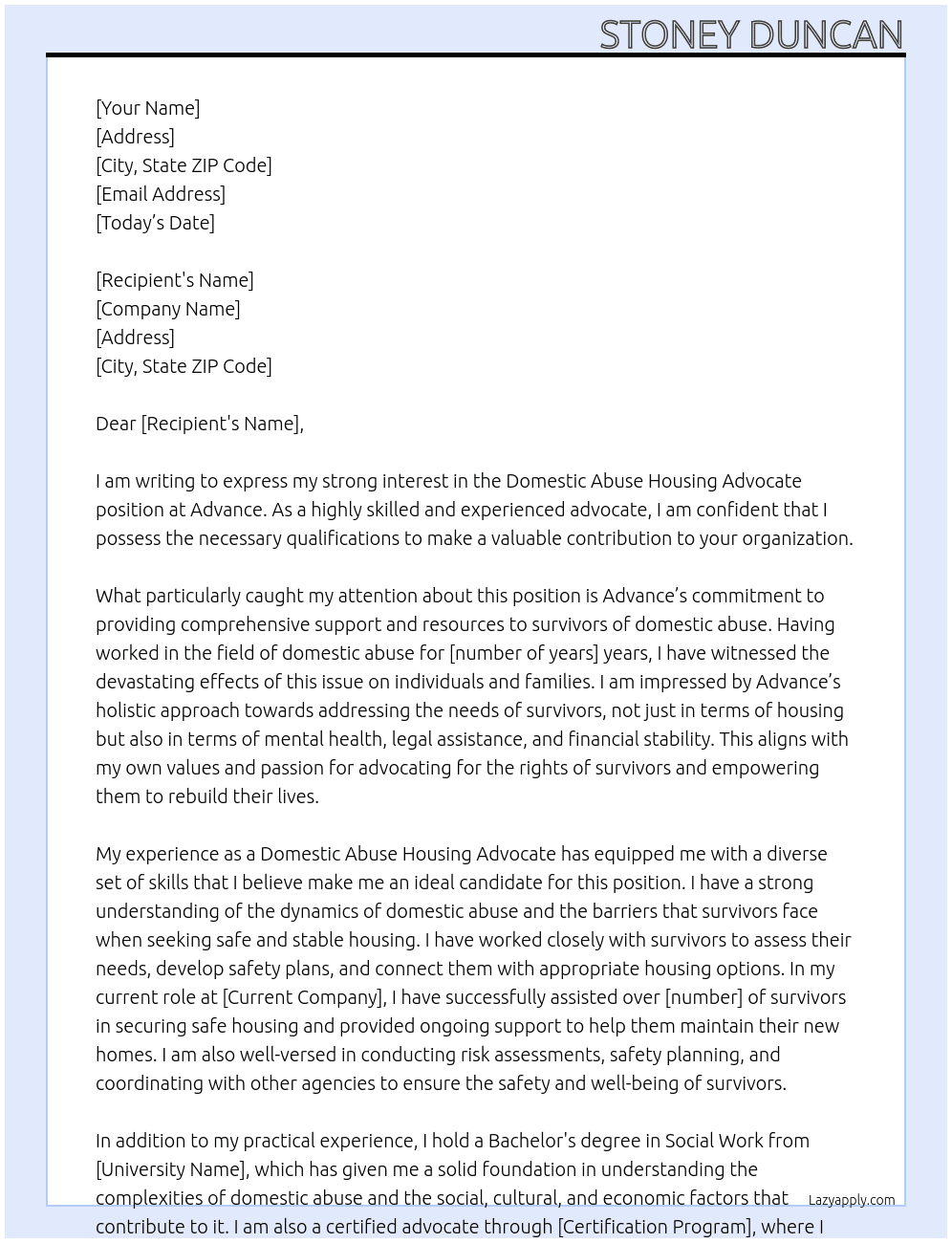 Domestic Abuse Housing Advocate At Advance Cover Letter