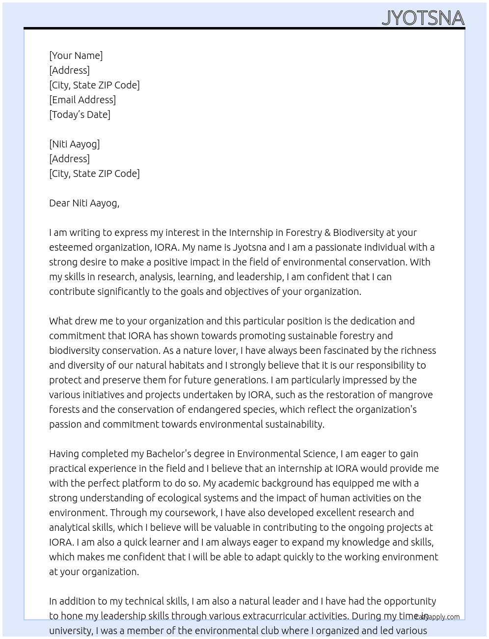 Internship in forestry & biodiversity At IORA Cover Letter