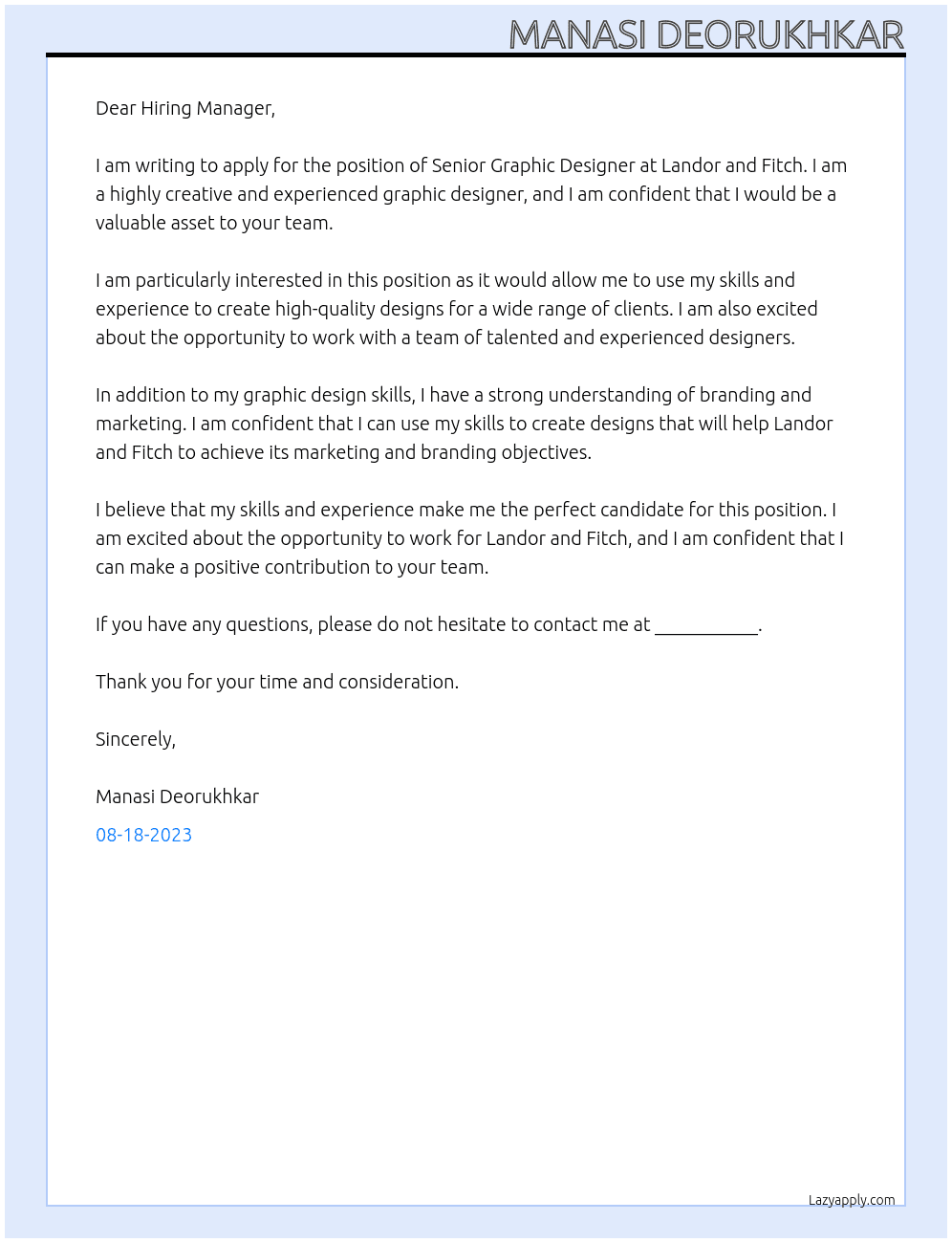 Senior Graphic Designer At Landor and Fitch Cover Letter