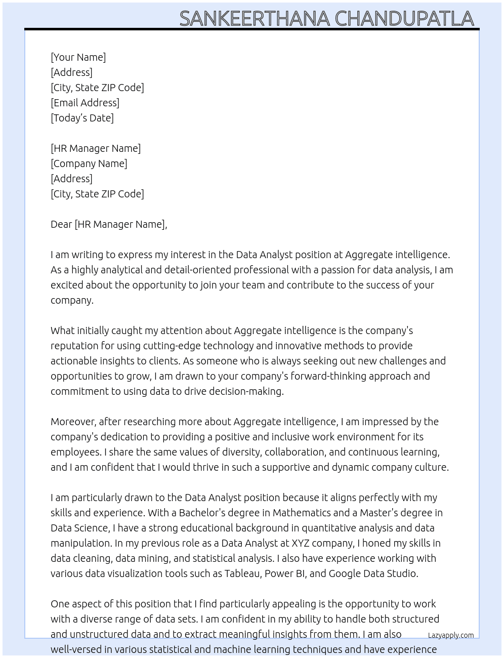 Data analyst  At Aggregate intelligence Cover Letter