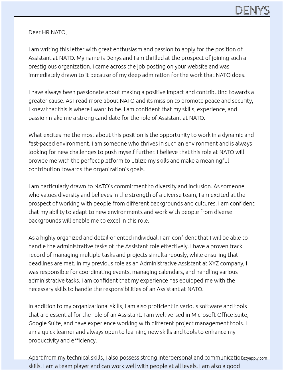 Assistant At NATO Cover Letter