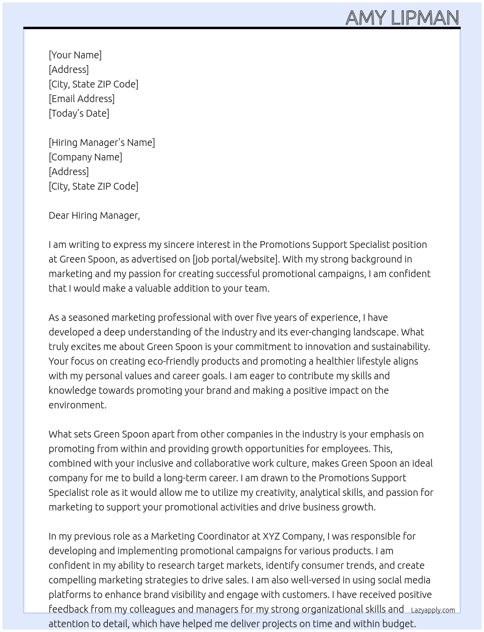 Promotions Support Specialist At Green Spoon Cover Letter