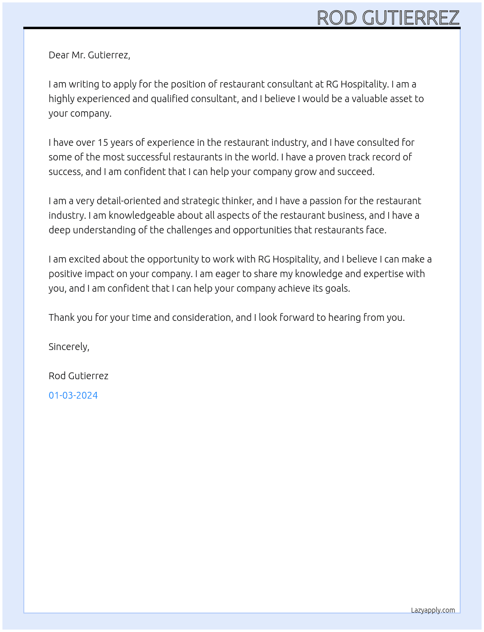 Restaurant consultant  At Rg hospitality  Cover Letter