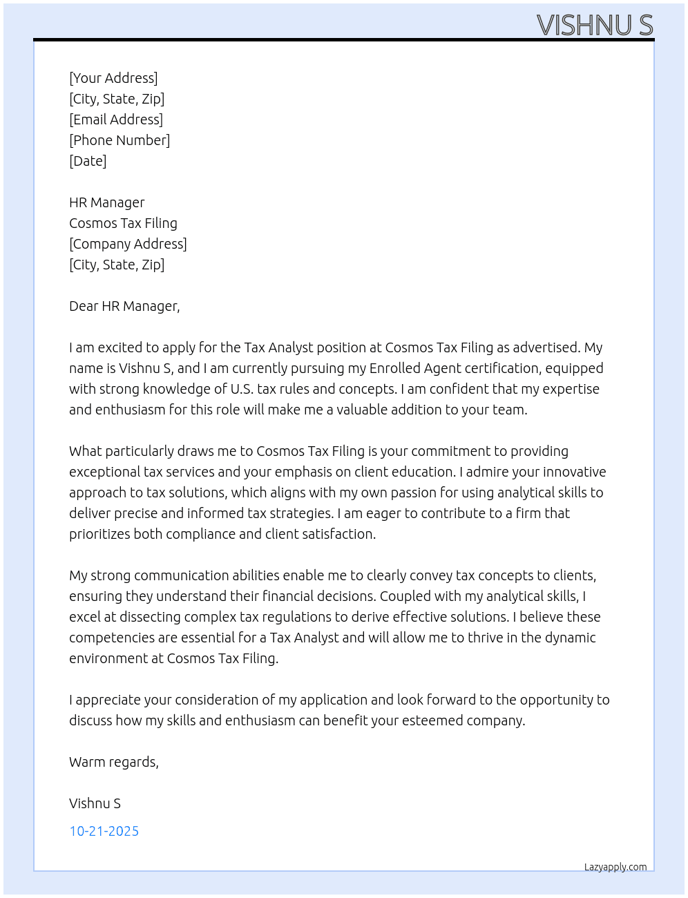 Cover letter for tax analyst - LazyApply