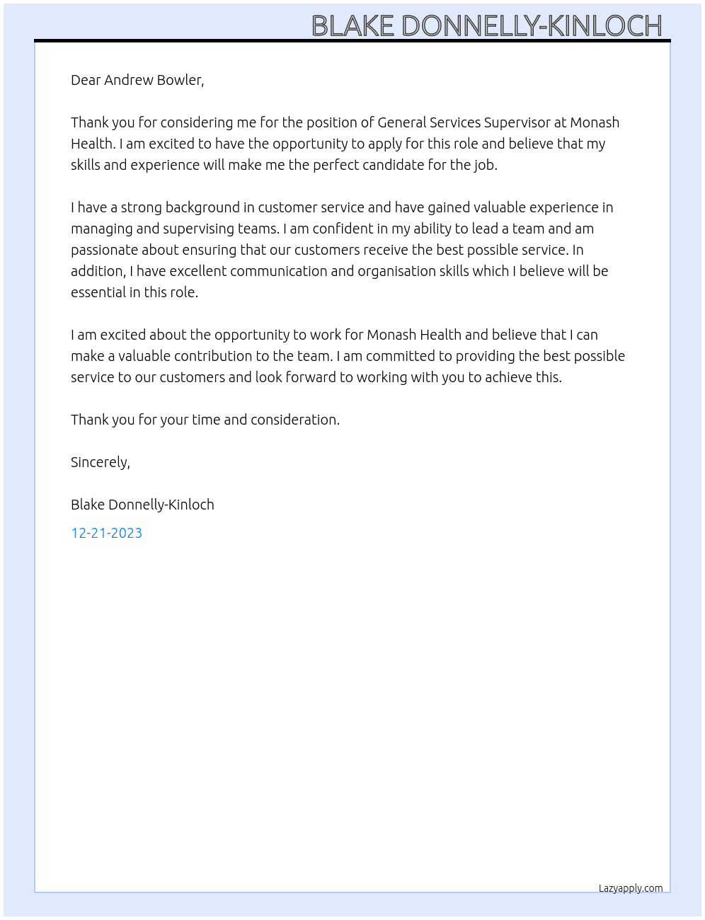General services supervisor  At Monash health  Cover Letter