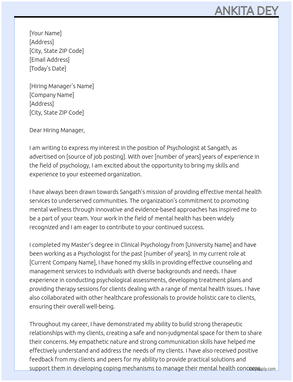 Psychologist  At Sangath Cover Letter